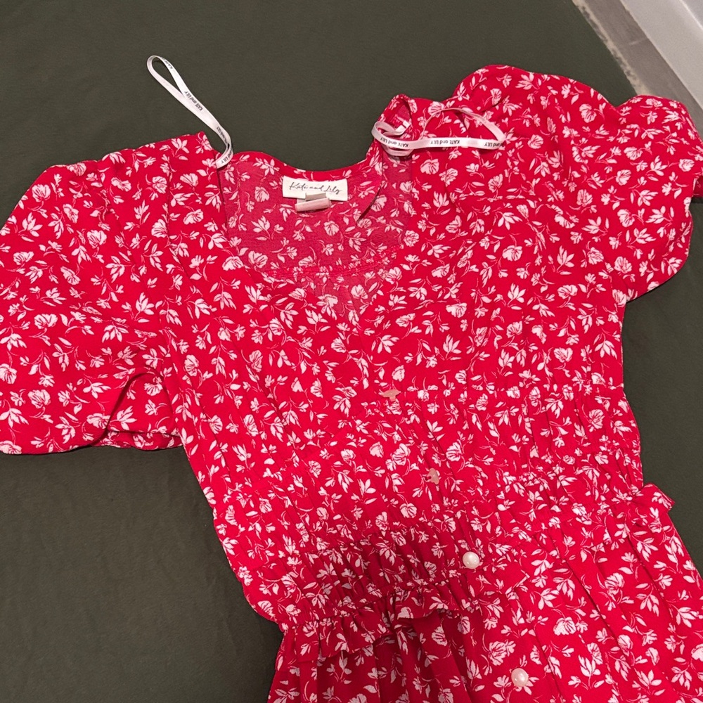 Red Floral Puff Sleeve Dress